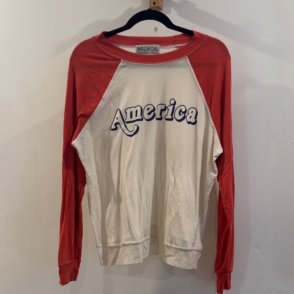 Wildfox Red and Cream America Raglan light sweater long sleeve.